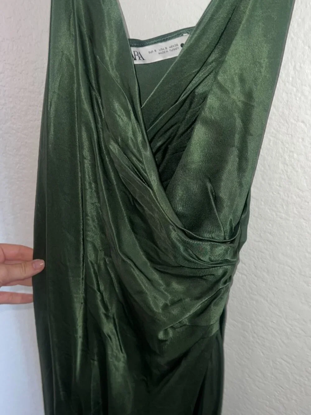 Zara Emerald Green Satin Ruched Midi Dress